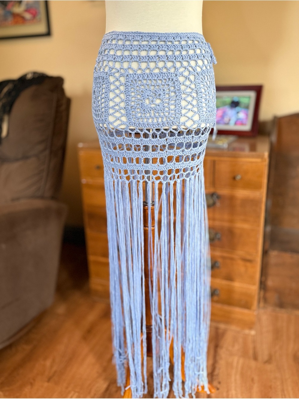 HYFVE Light Periwinkle Blue Crochet Fringe Strapless Dress or Skirt - Picture 3 of 8